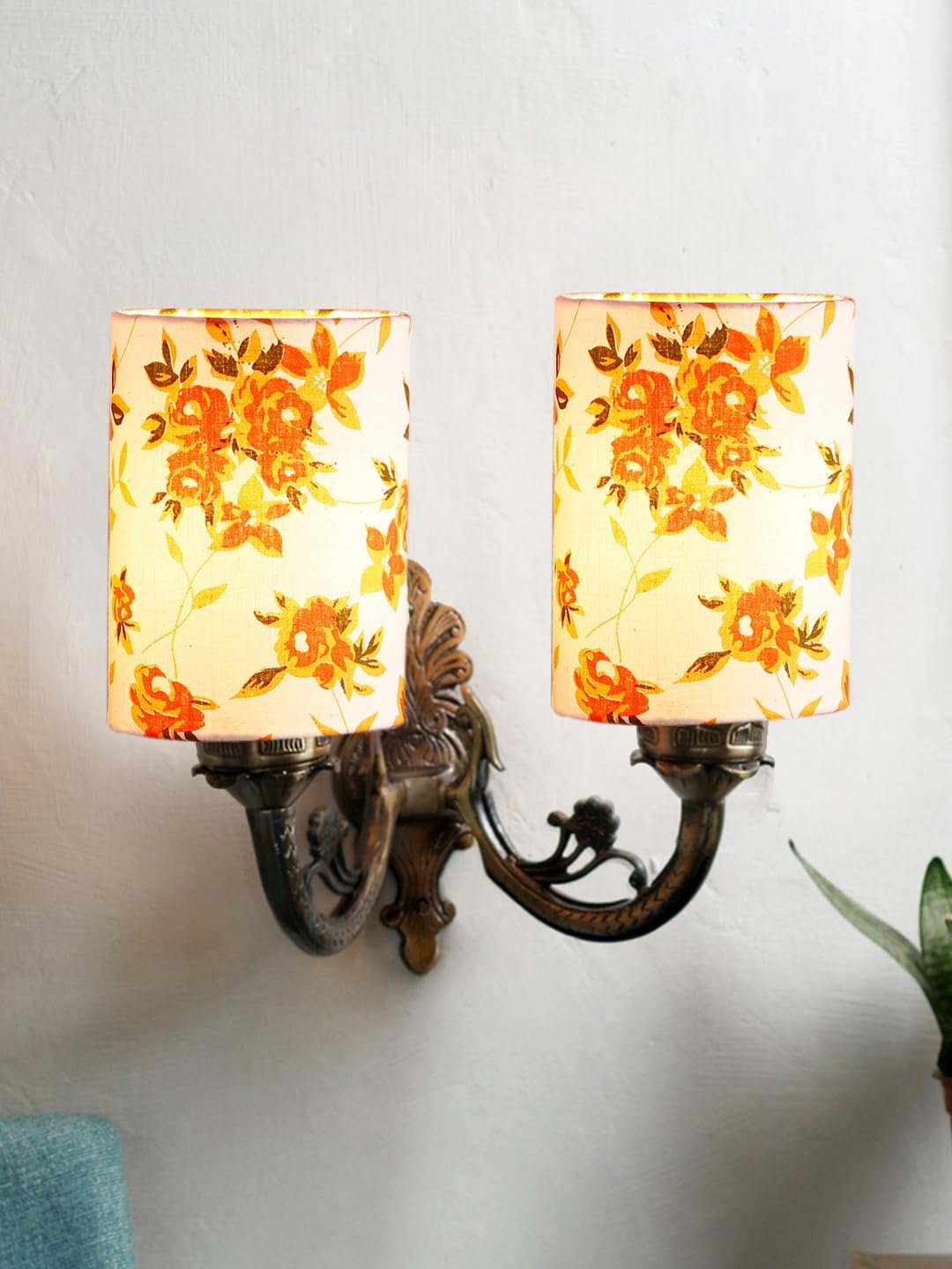 Dual Antique Gold Wall Lamp for Office/Home/Gifting with Cotton Printed Shade(7x13x11.5) Inches -179