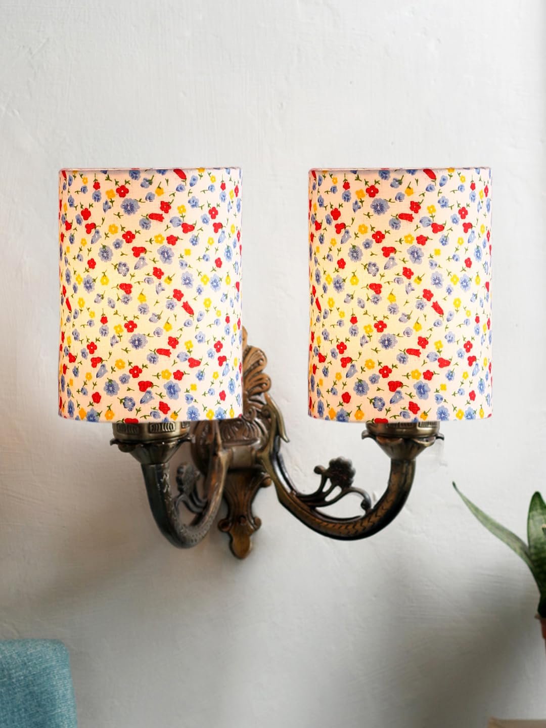 Dual Antique Gold Wall Lamp for Office/Home/Gifting with Cotton Printed Shade(7x13x11.5) Inches -180