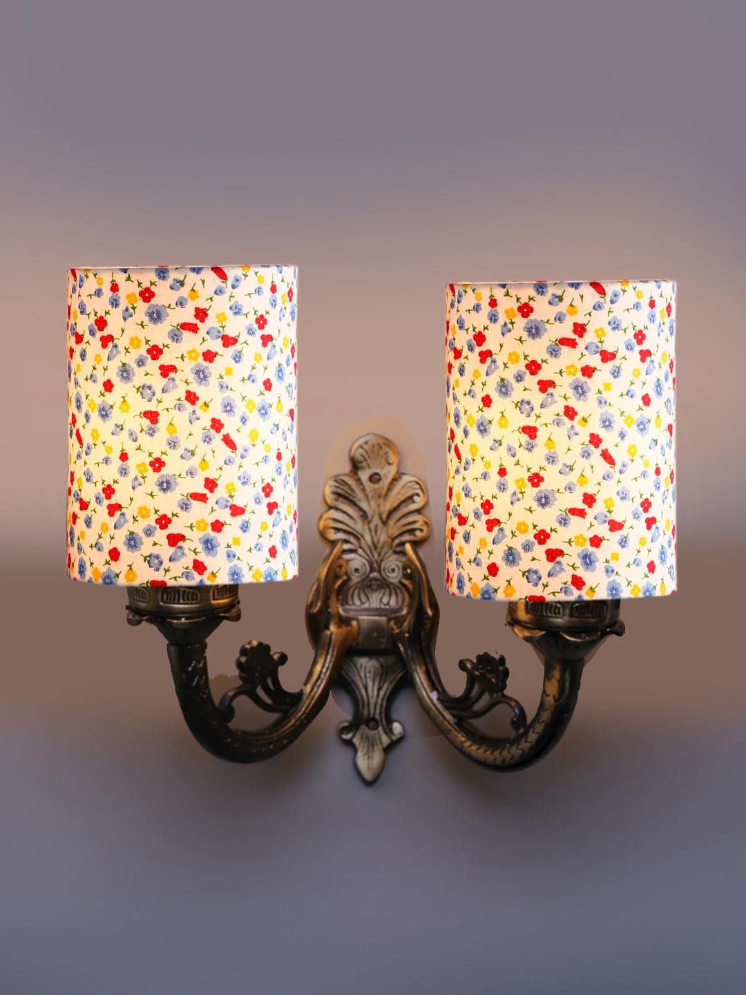 Dual Antique Gold Wall Lamp for Office/Home/Gifting with Cotton Printed Shade(7x13x11.5) Inches -180