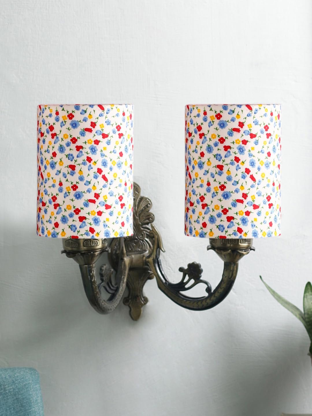 Dual Antique Gold Wall Lamp for Office/Home/Gifting with Cotton Printed Shade(7x13x11.5) Inches -180