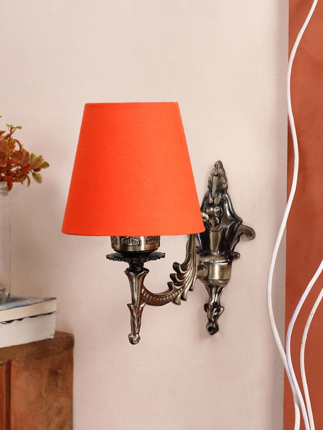 Antique Gold Wall Lamp for Office/Home/Gifting with Cotton conical Orange Shade(7x5.5x9.25) Inches -19