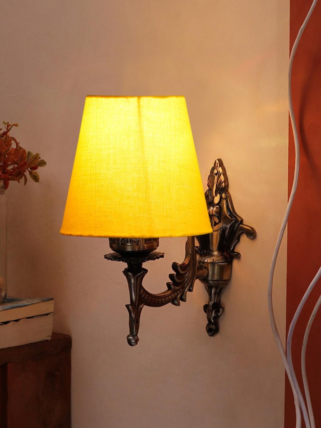 Antique Gold Wall Lamp for Office/Home/Gifting with Cotton conical Yellow Shade(7x5.5x9.25) Inches -20