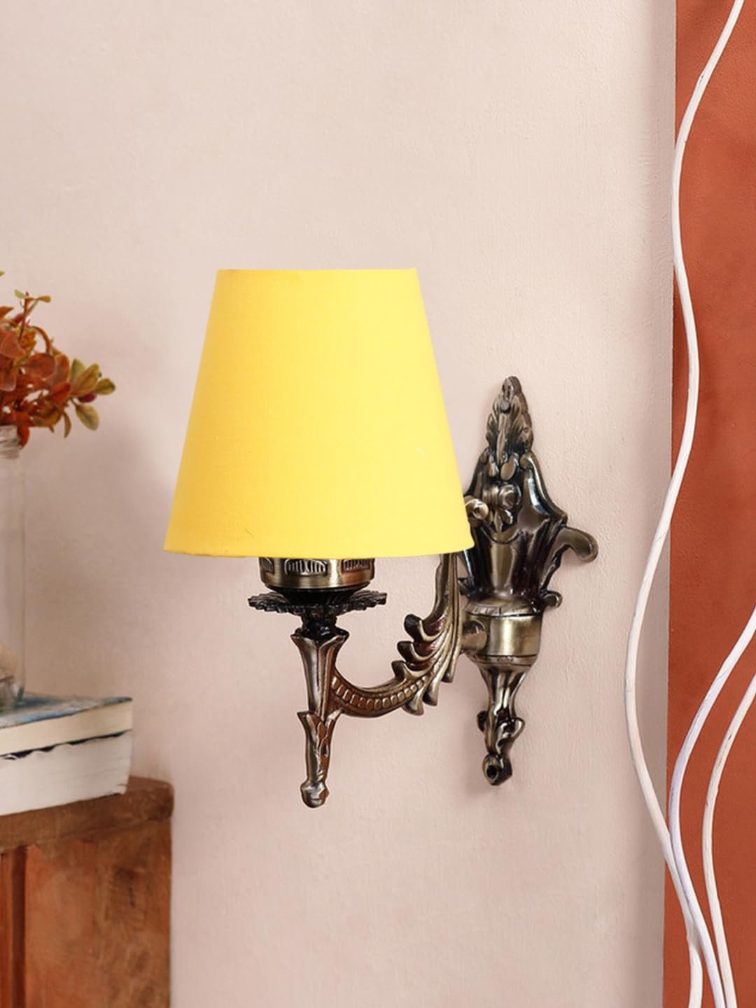 Antique Gold Wall Lamp for Office/Home/Gifting with Cotton conical Yellow Shade(7x5.5x9.25) Inches -20