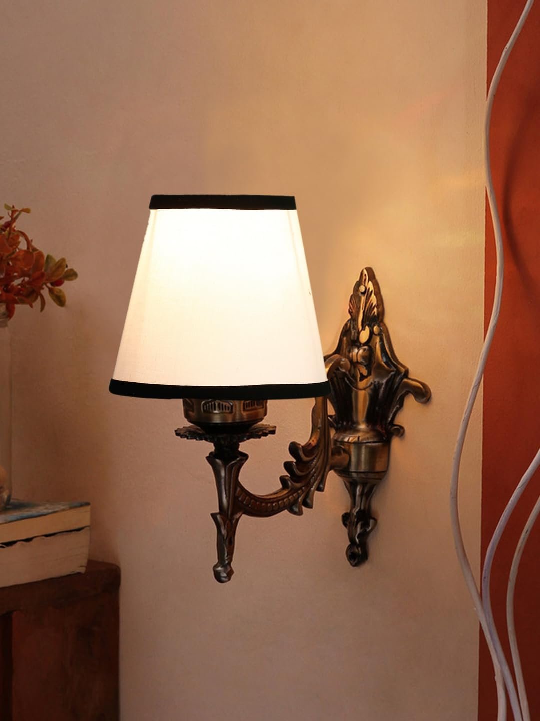 Antique Gold Wall Lamp for Office/Home/Gifting with Cotton conical White & Black Shade(7x5.5x9.25) Inches -22
