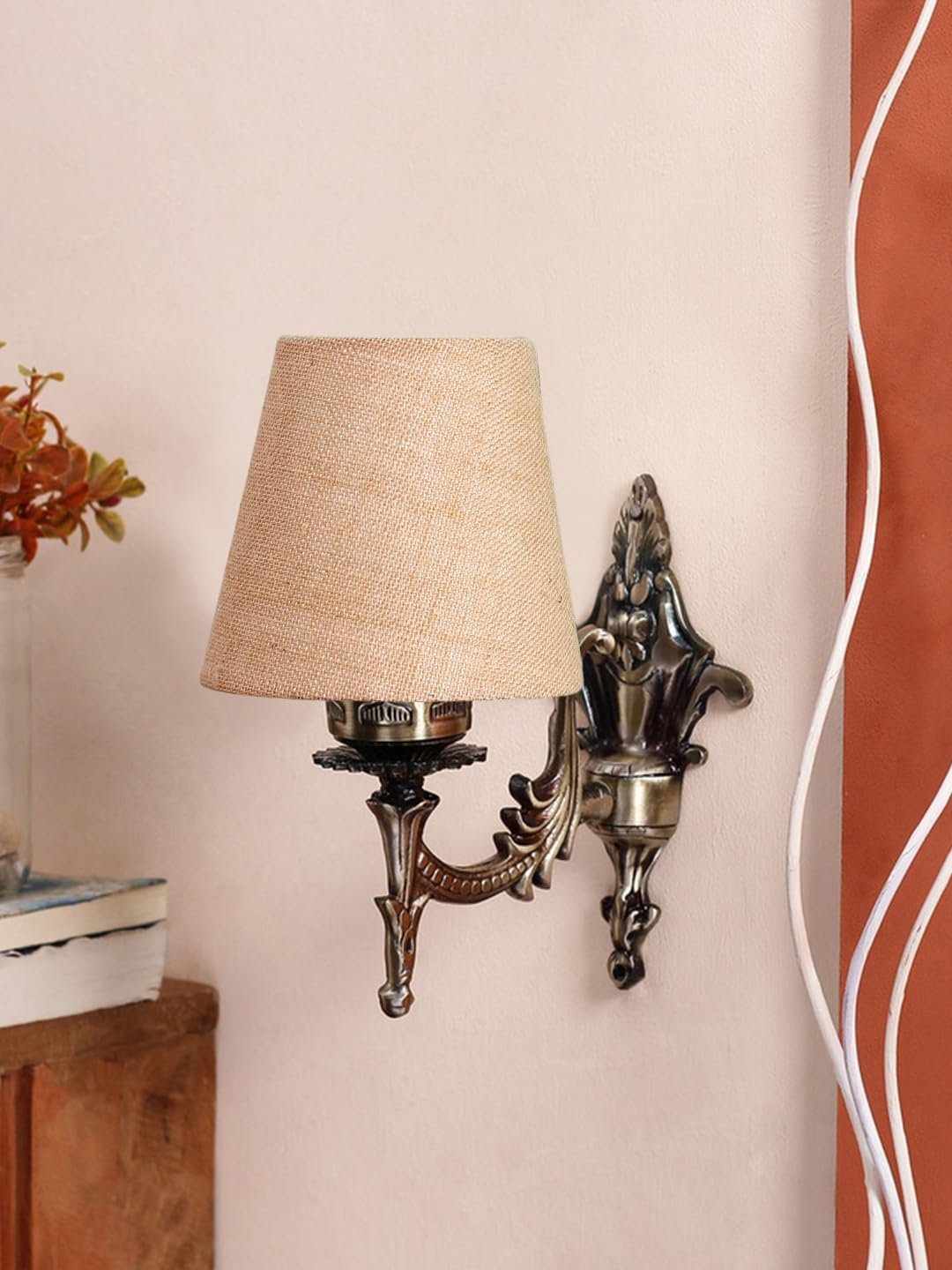 Antique Gold Wall Lamp for Office/Home/Gifting with Jute conical Beige Shade(7x5.5x9.25) Inches -23