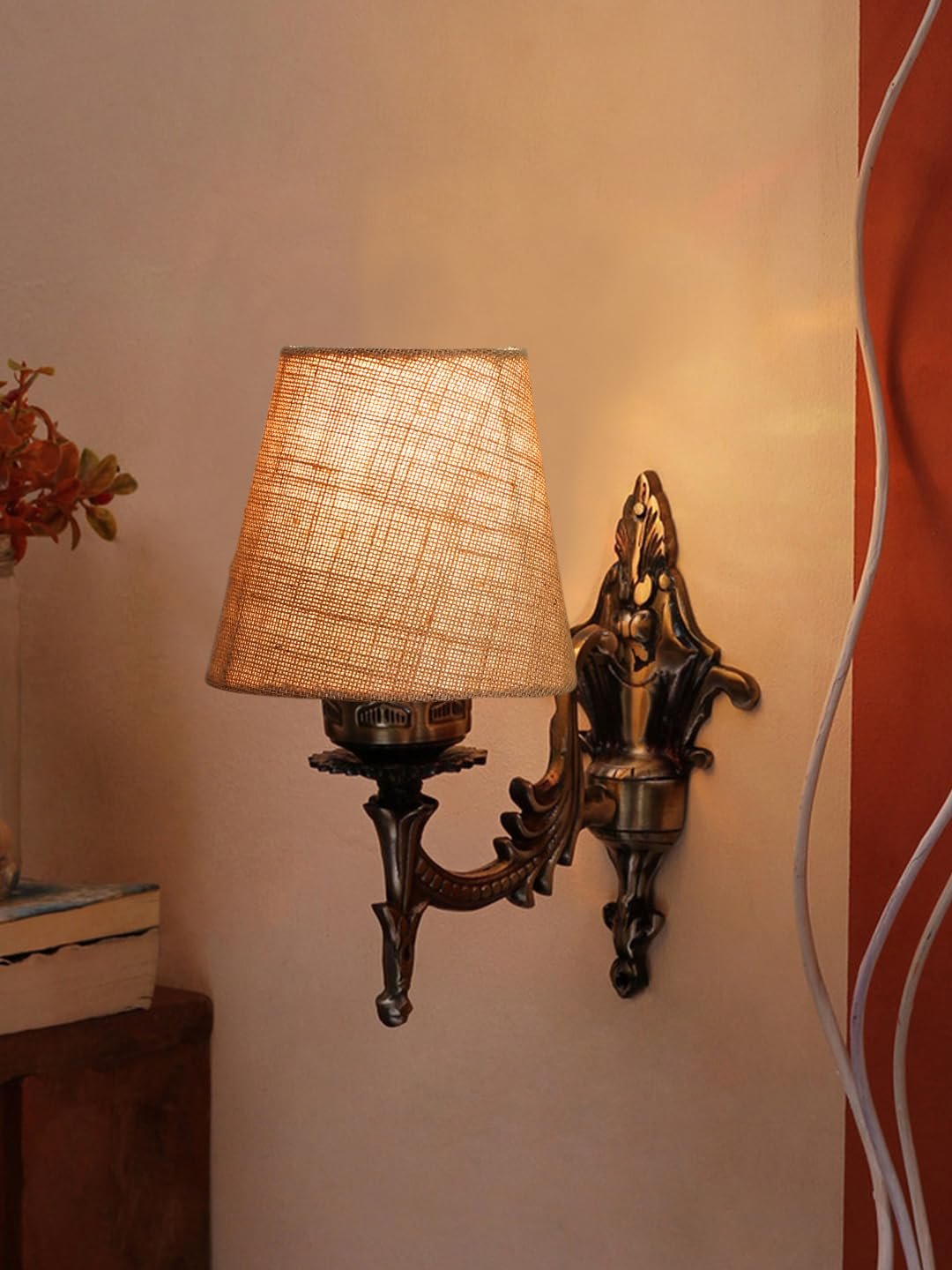 Antique Gold Wall Lamp for Office/Home/Gifting with Jute conical Beige Shade(7x5.5x9.25) Inches -23