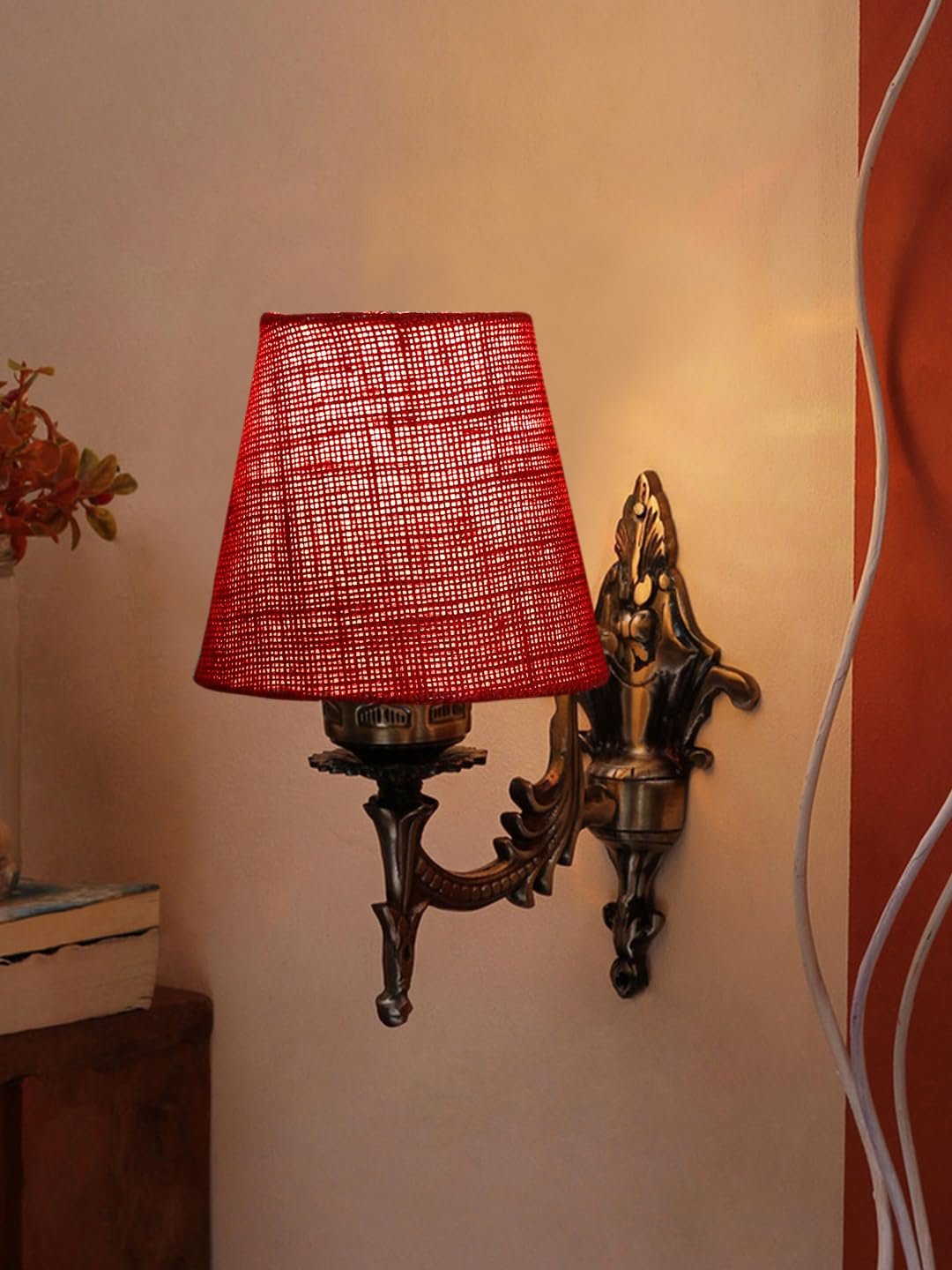 Antique Gold Wall Lamp for Office/Home/Gifting with Jute conical Maroon Shade(7x5.5x9.25) Inches -26