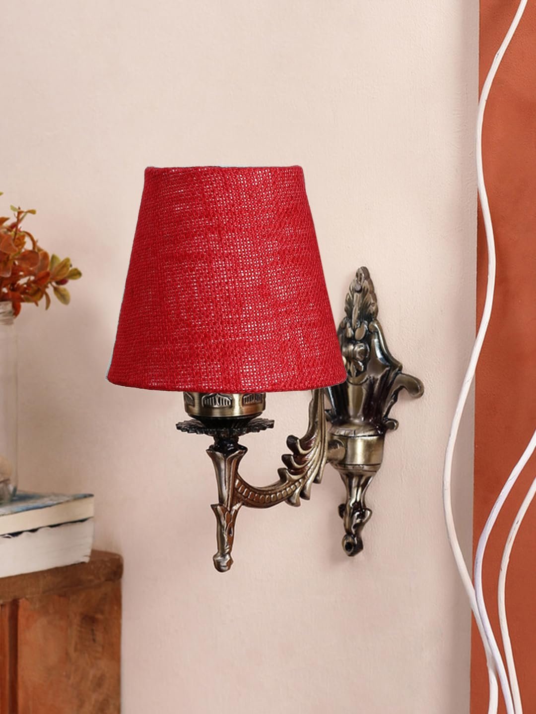 Antique Gold Wall Lamp for Office/Home/Gifting with Jute conical Maroon Shade(7x5.5x9.25) Inches -26