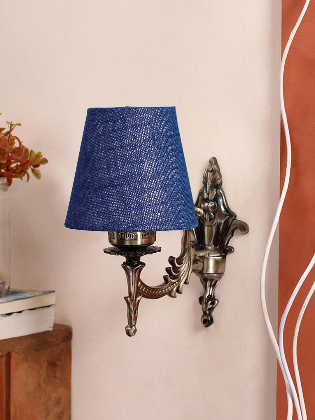 Antique Gold Wall Lamp for Office/Home/Gifting with Jute conical Blue Shade(7x5.5x9.25) Inches -27