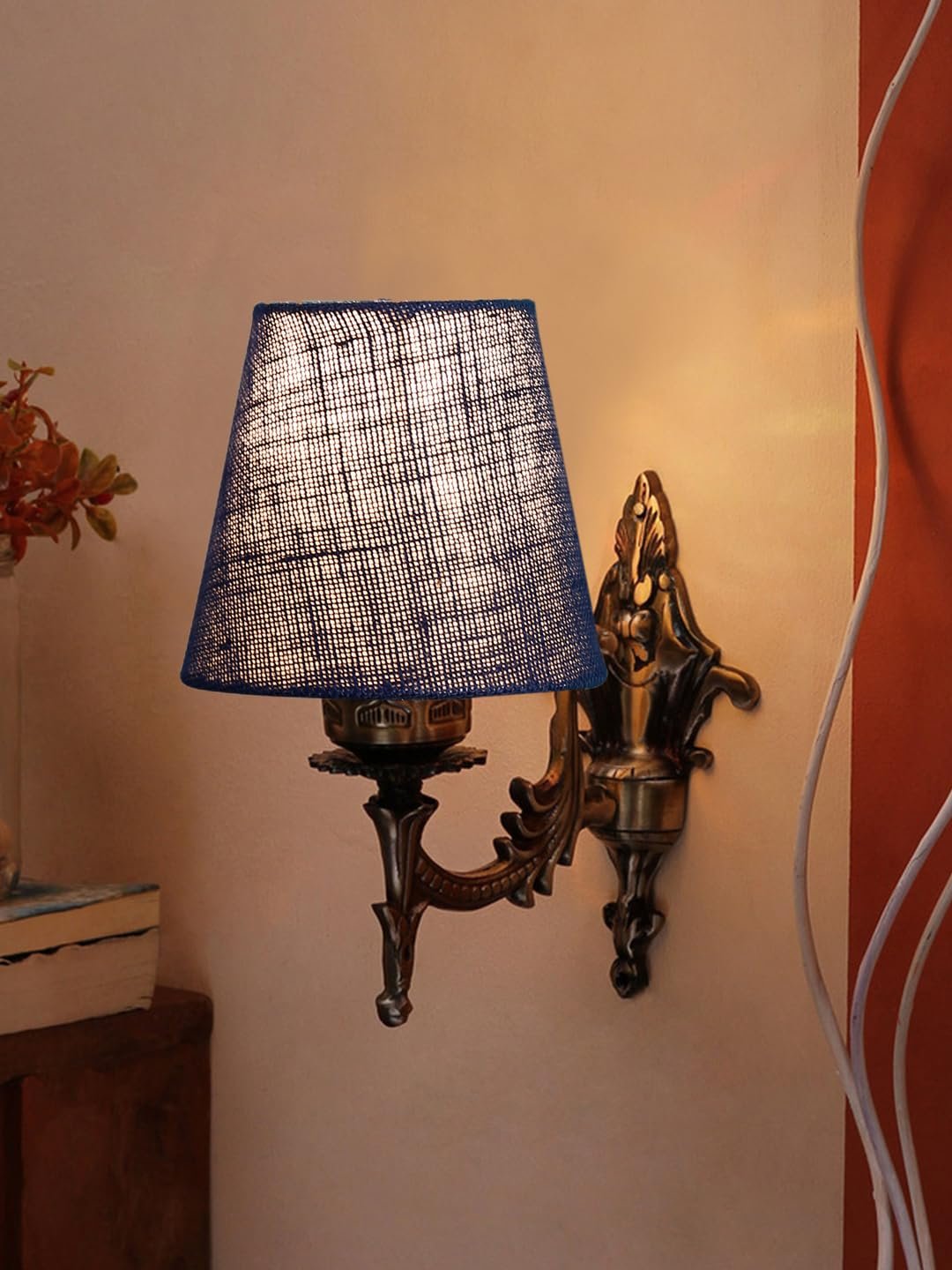 Antique Gold Wall Lamp for Office/Home/Gifting with Jute conical Blue Shade(7x5.5x9.25) Inches -27