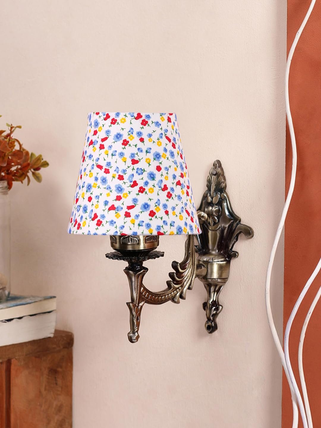 Antique Gold Wall Lamp for Office/Home/Gifting with Cotton conical Printed Shade(7x5.5x9.25) Inches -30