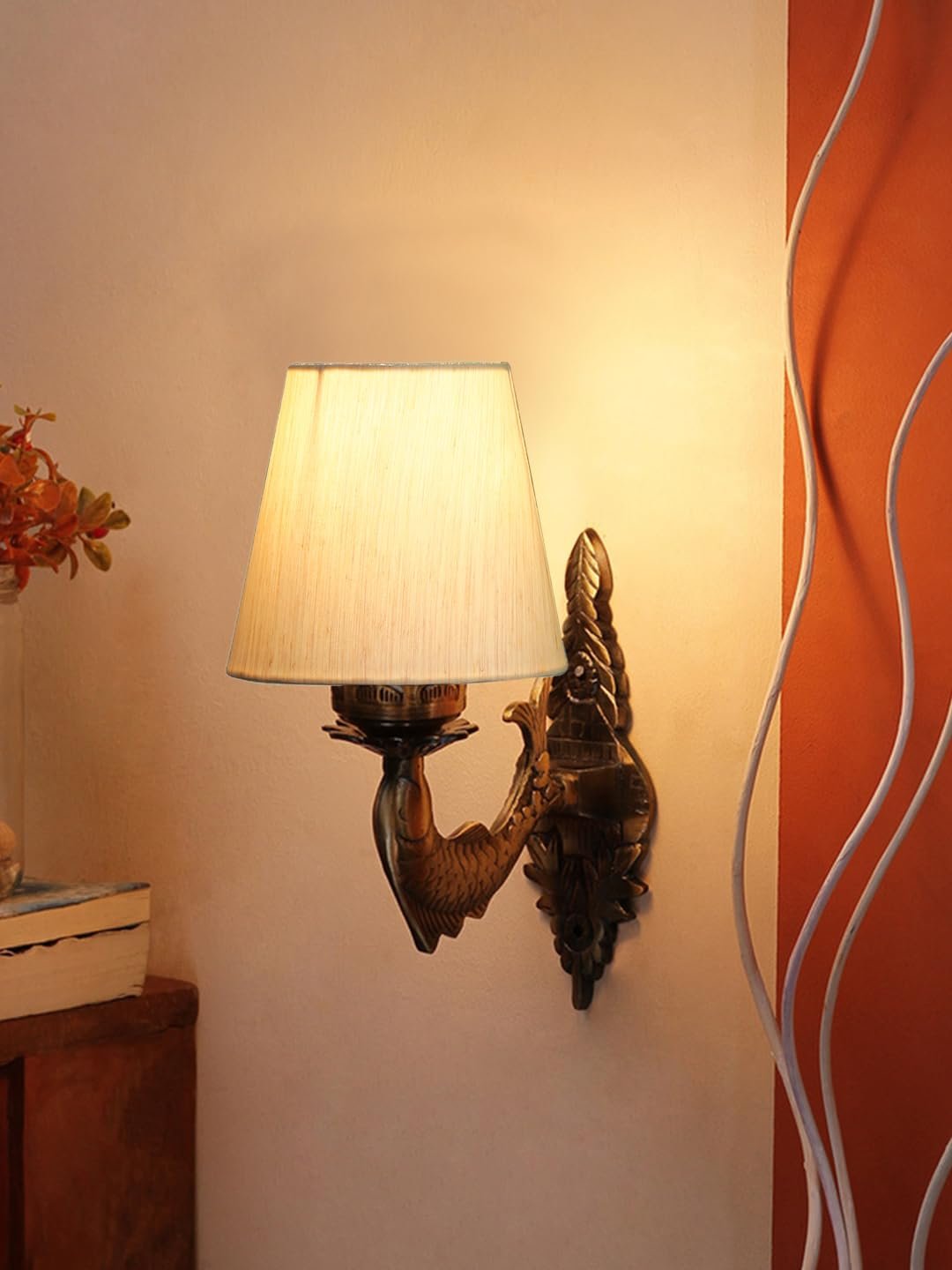 Antique Gold Fish Wall Lamp for Office/Home/Gifting with Cotton conical Off-White Shade(7x5.5x9.25) Inches