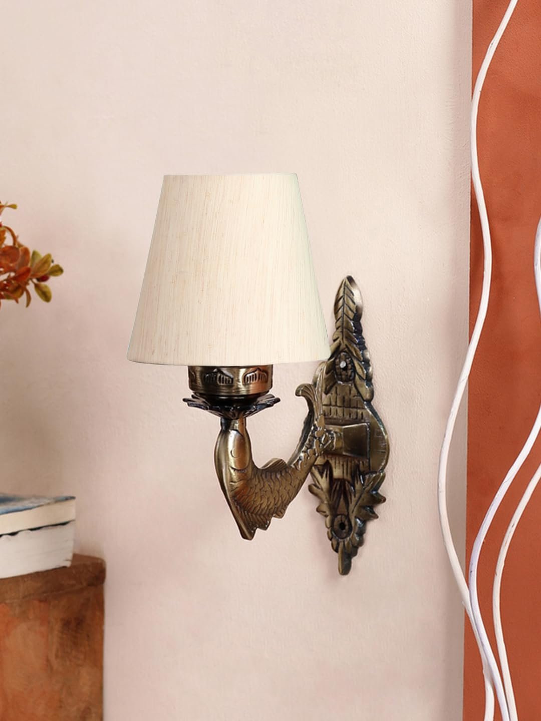 Antique Gold Fish Wall Lamp for Office/Home/Gifting with Cotton conical Off-White Shade(7x5.5x9.25) Inches