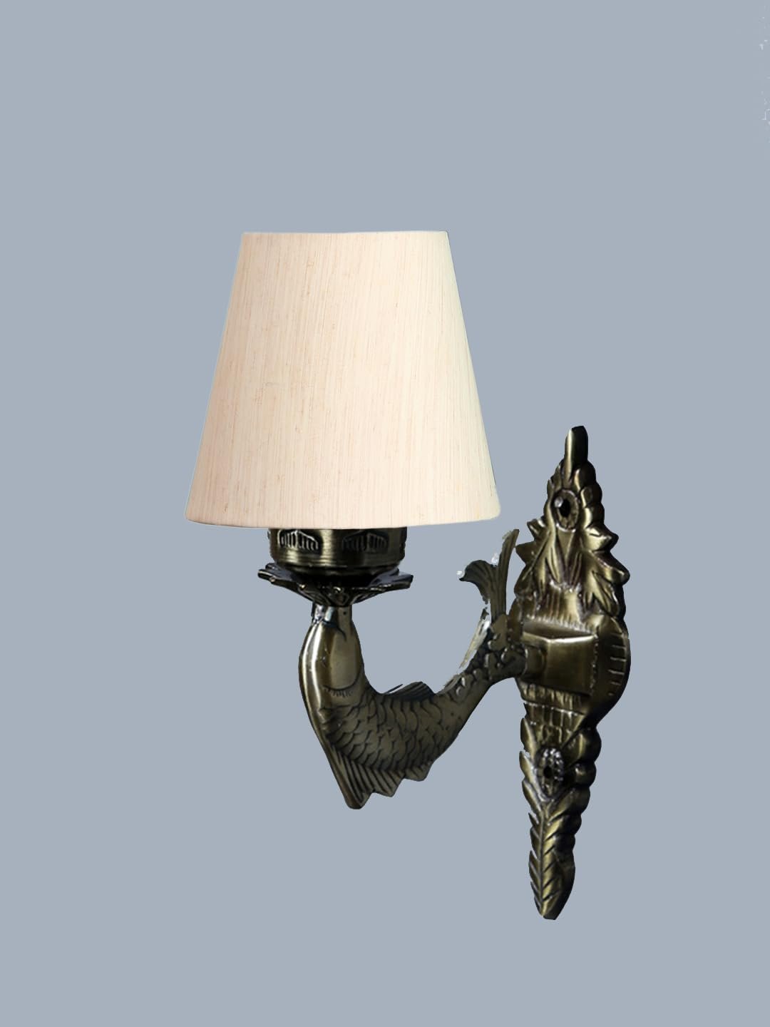 Antique Gold Fish Wall Lamp for Office/Home/Gifting with Cotton conical Off-White Shade(7x5.5x9.25) Inches