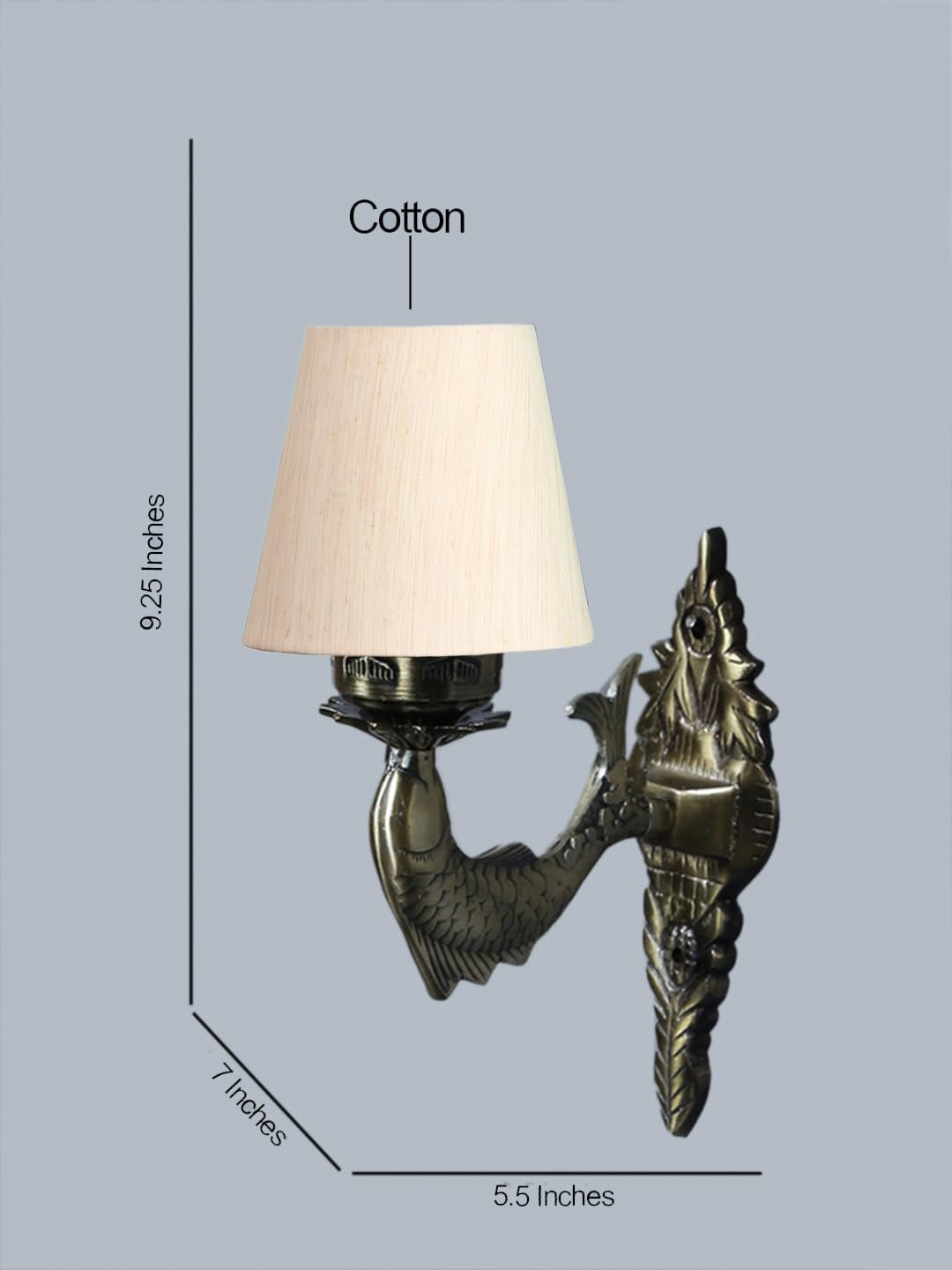 Antique Gold Fish Wall Lamp for Office/Home/Gifting with Cotton conical Off-White Shade(7x5.5x9.25) Inches