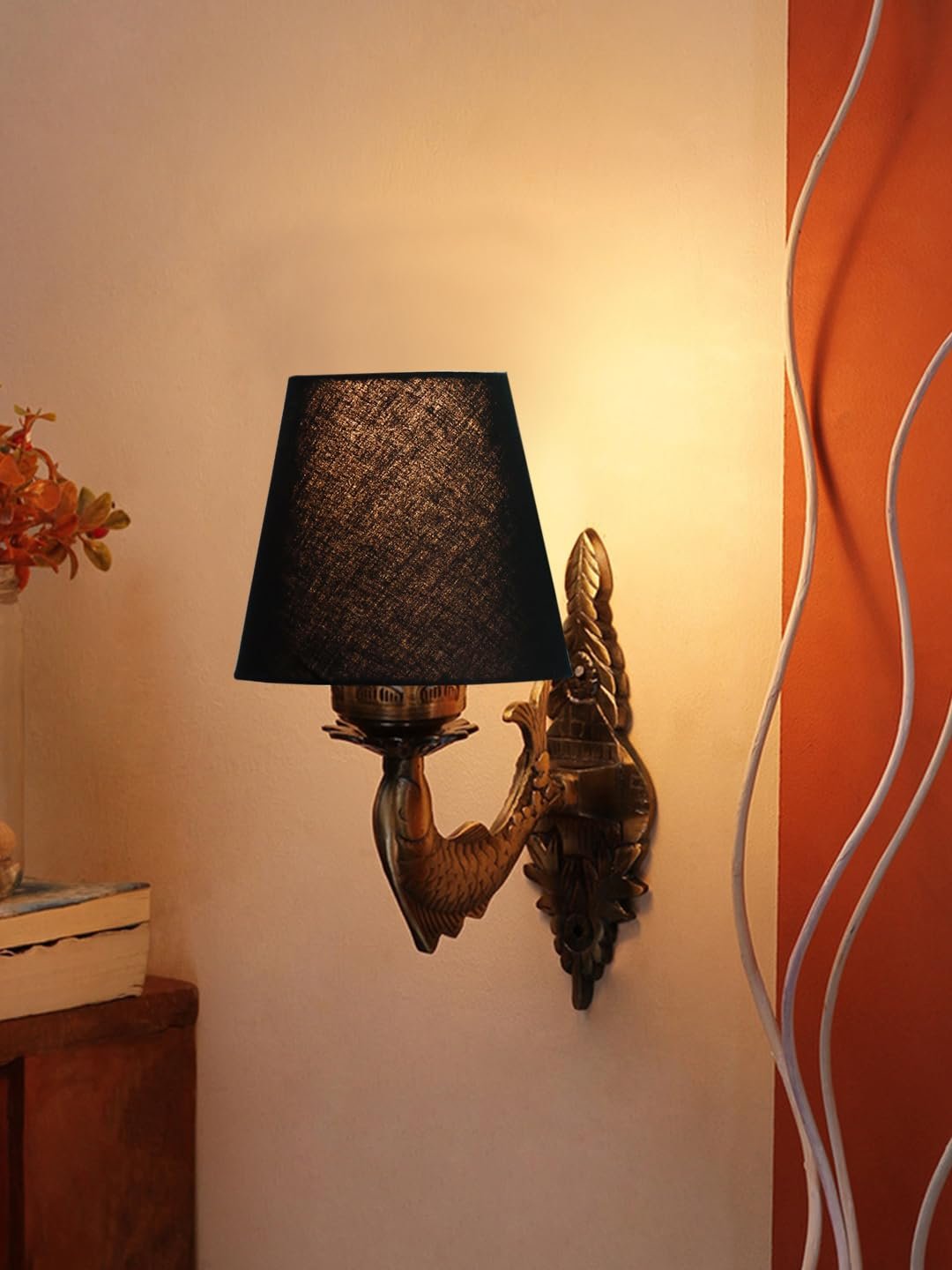 Antique Gold Fish Wall Lamp for Office/Home/Gifting with Cotton conical Black Shade(7x5.5x9.25) Inches