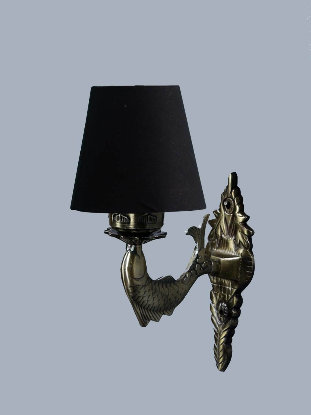 Antique Gold Fish Wall Lamp for Office/Home/Gifting with Cotton conical Black Shade(7x5.5x9.25) Inches