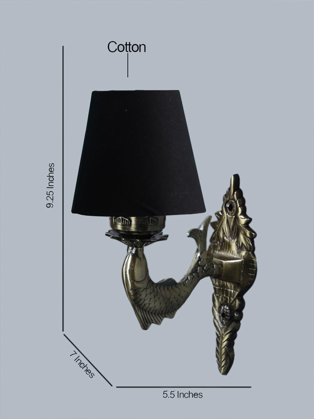 Antique Gold Fish Wall Lamp for Office/Home/Gifting with Cotton conical Black Shade(7x5.5x9.25) Inches