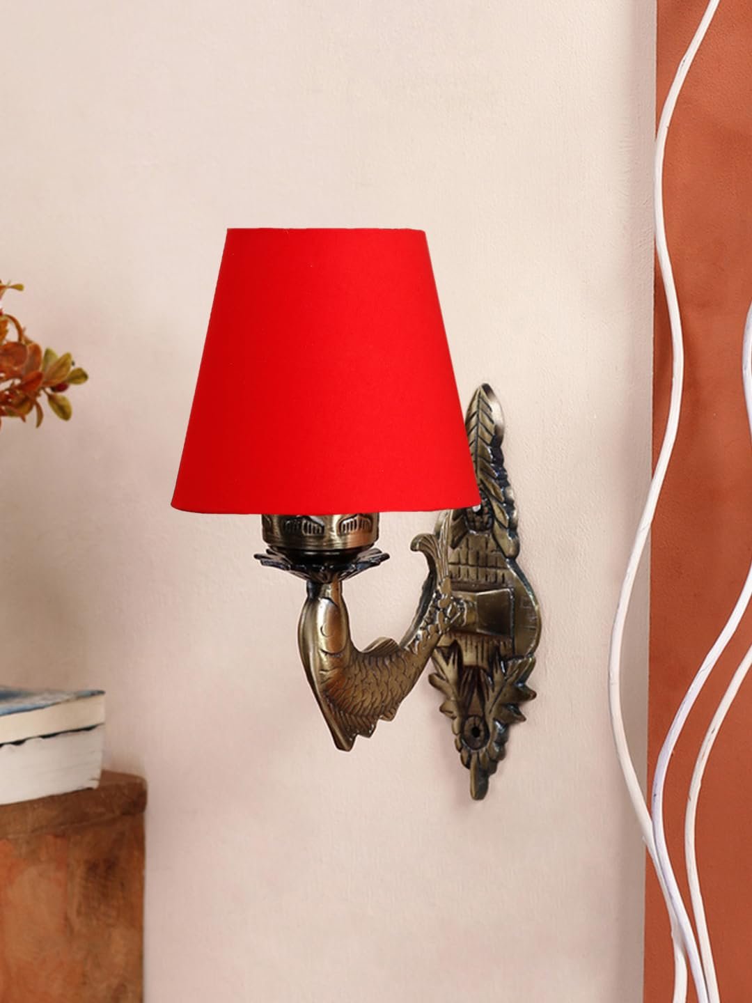 Antique Gold Fish Wall Lamp for Office/Home/Gifting with Cotton conical Red Shade(7x5.5x9.25) Inches