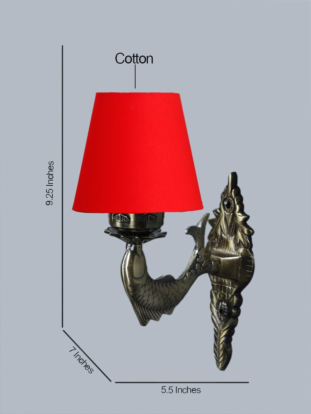 Antique Gold Fish Wall Lamp for Office/Home/Gifting with Cotton conical Red Shade(7x5.5x9.25) Inches