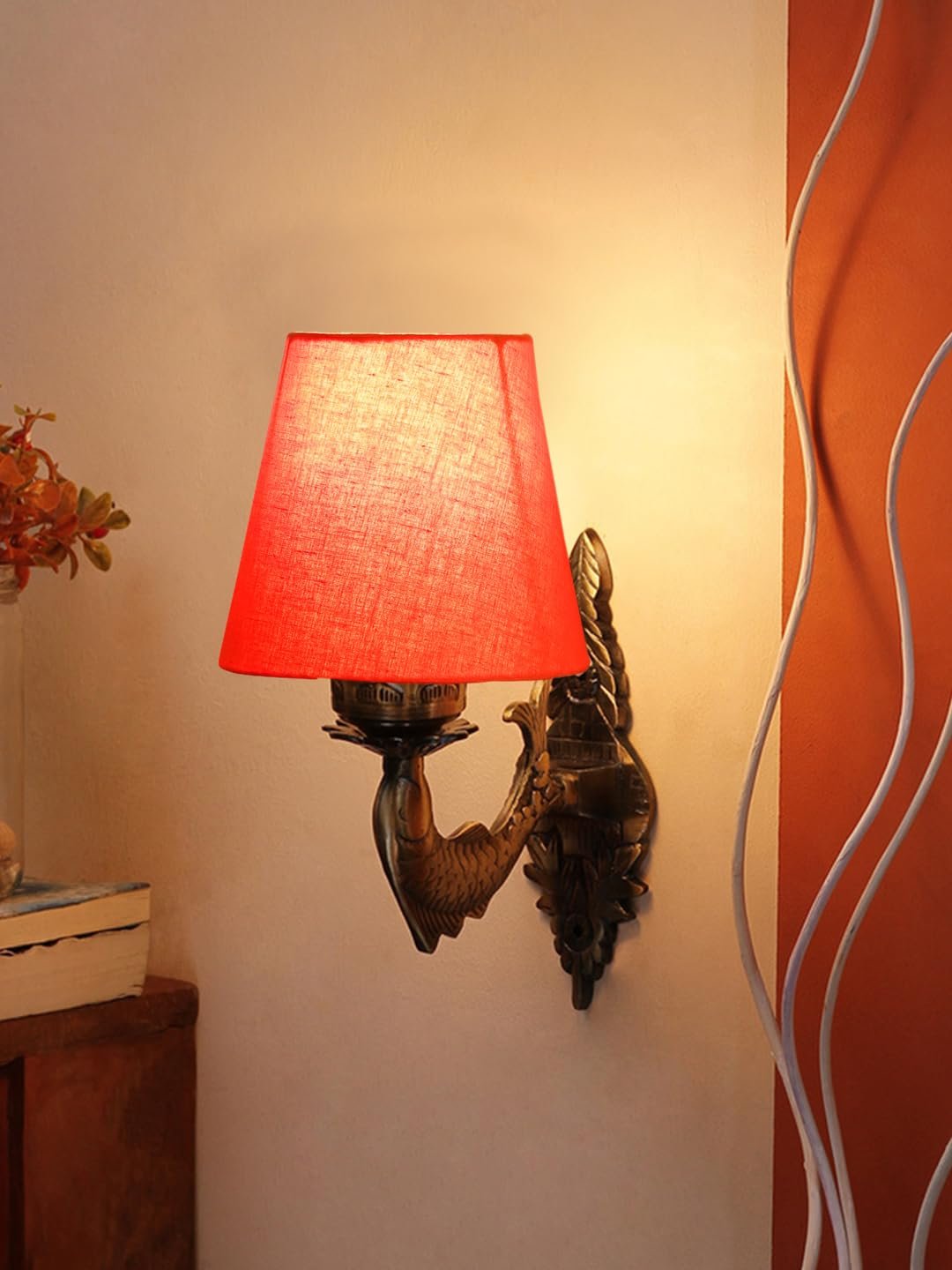 Antique Gold Fish Wall Lamp for Office/Home/Gifting with Cotton conical Orange Shade(7x5.5x9.25) Inches