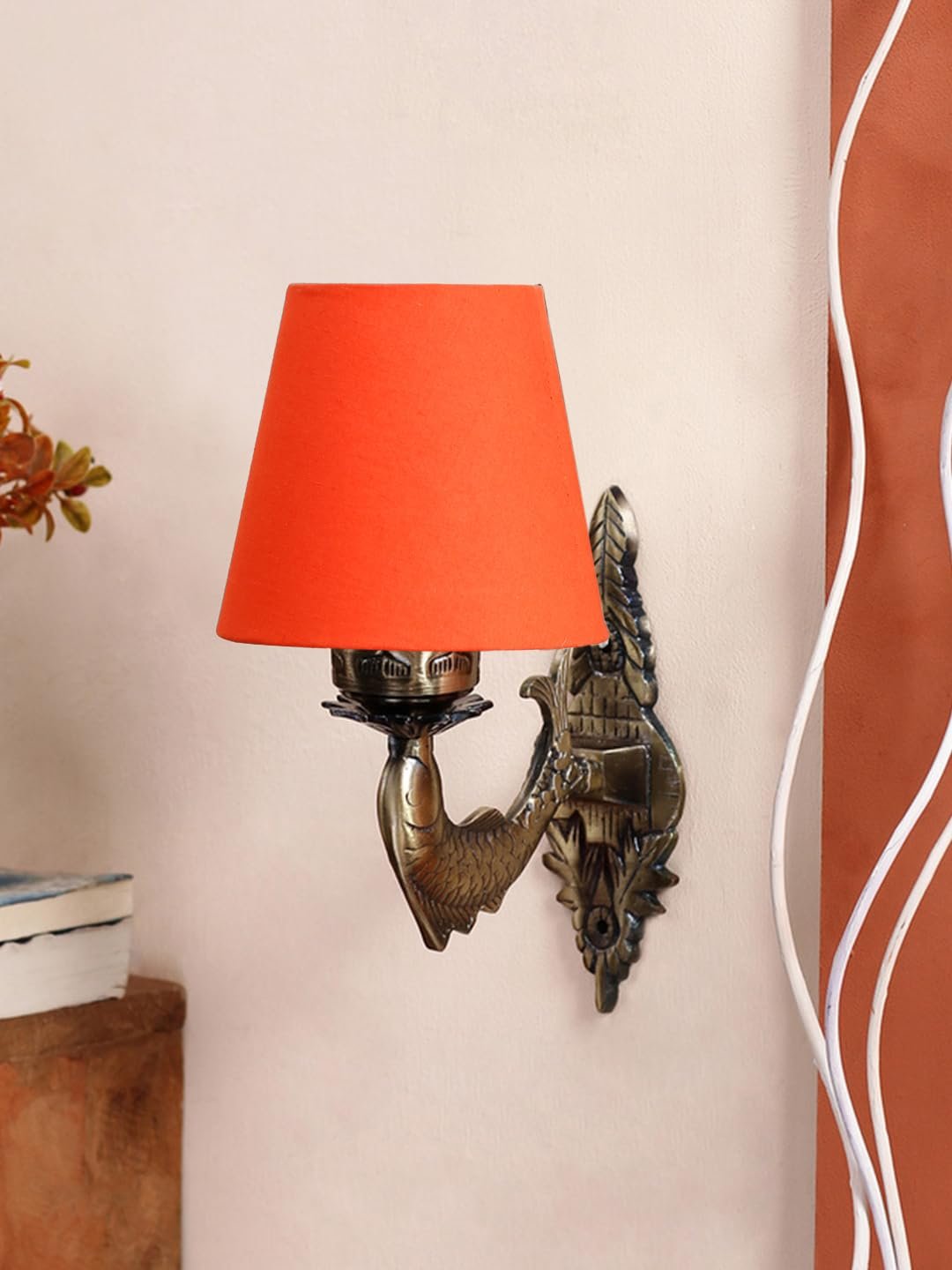 Antique Gold Fish Wall Lamp for Office/Home/Gifting with Cotton conical Orange Shade(7x5.5x9.25) Inches