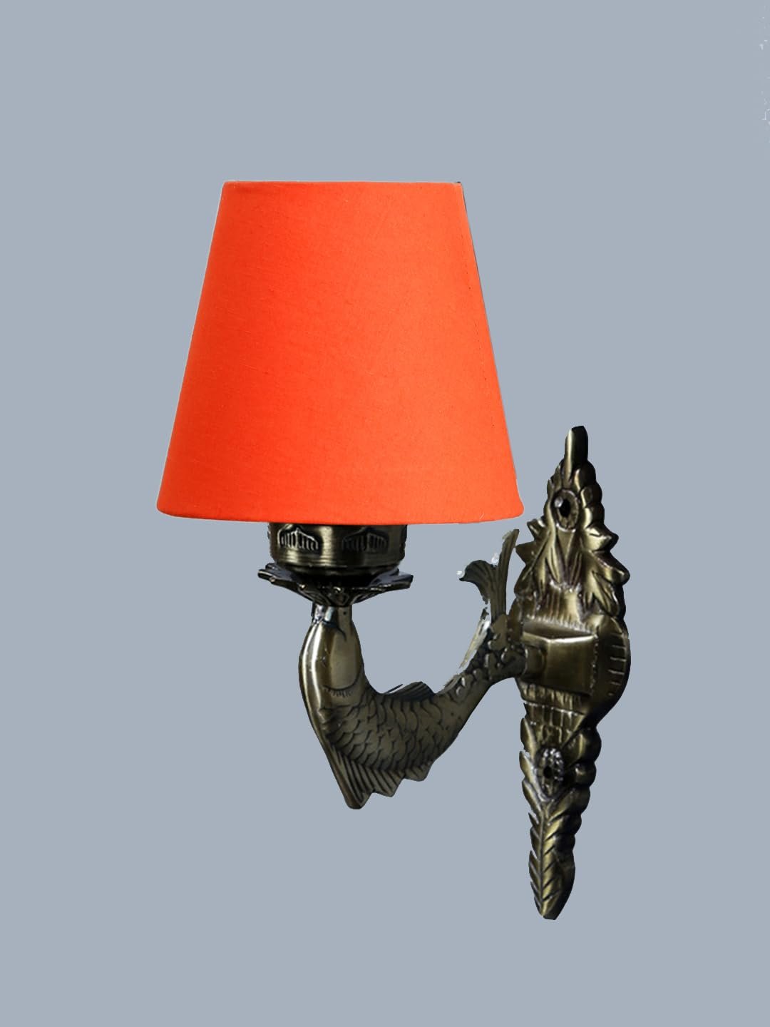 Antique Gold Fish Wall Lamp for Office/Home/Gifting with Cotton conical Orange Shade(7x5.5x9.25) Inches