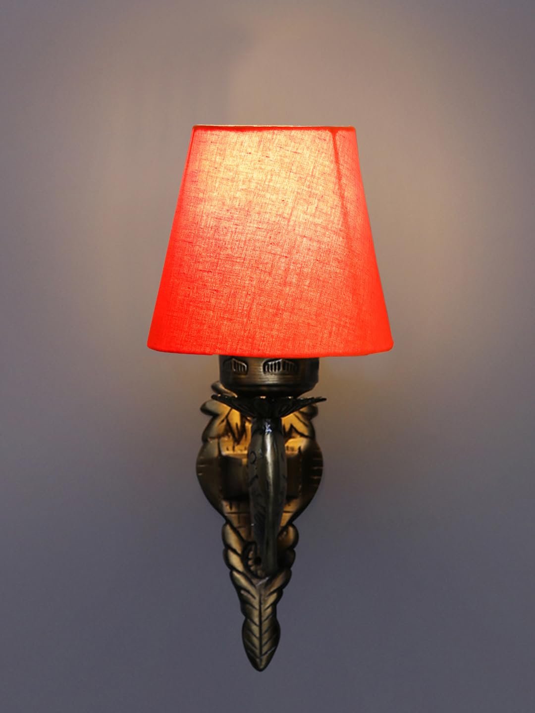 Antique Gold Fish Wall Lamp for Office/Home/Gifting with Cotton conical Orange Shade(7x5.5x9.25) Inches