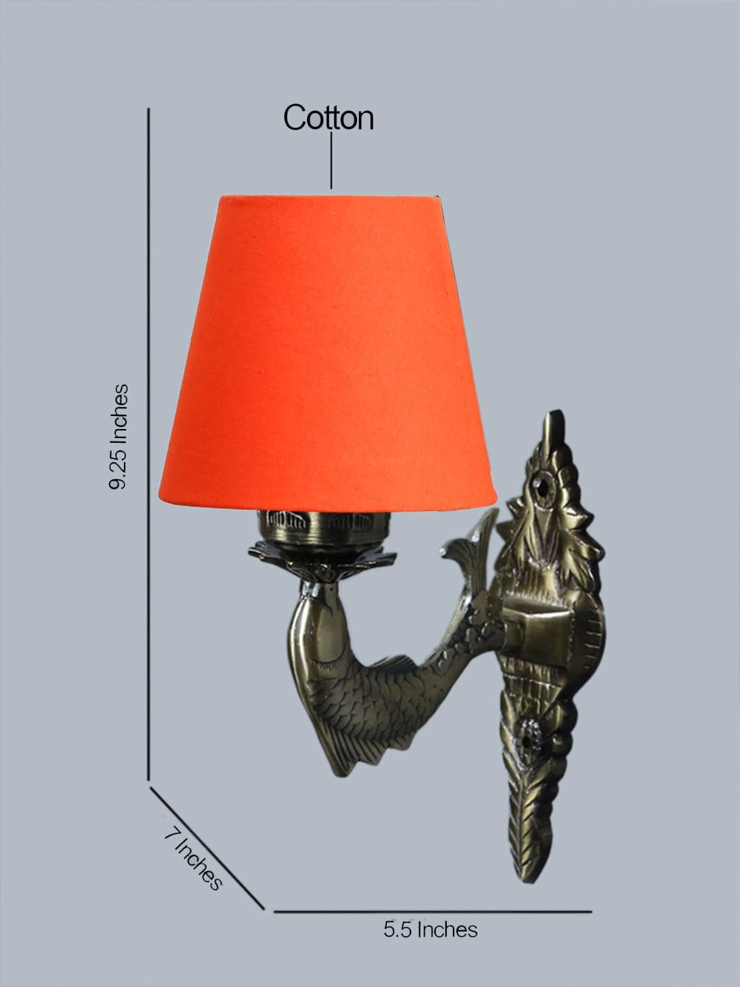Antique Gold Fish Wall Lamp for Office/Home/Gifting with Cotton conical Orange Shade(7x5.5x9.25) Inches