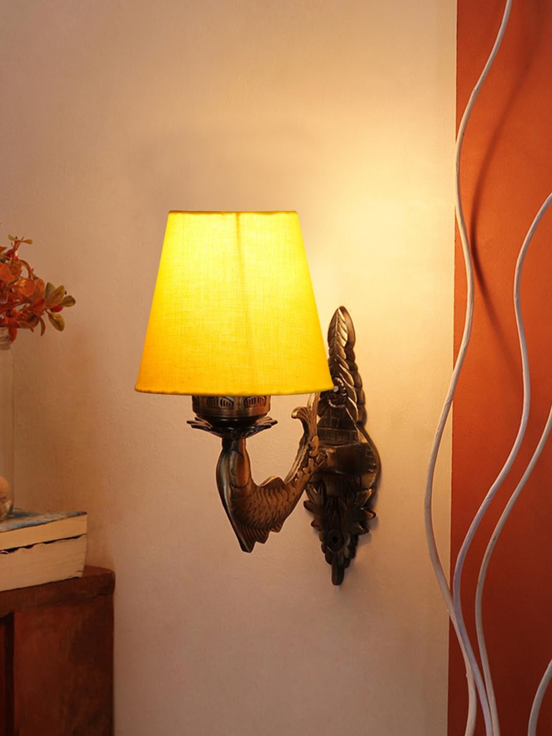 Antique Gold Fish Wall Lamp for Office/Home/Gifting with Cotton conical Yellow Shade(7x5.5x9.25) Inches