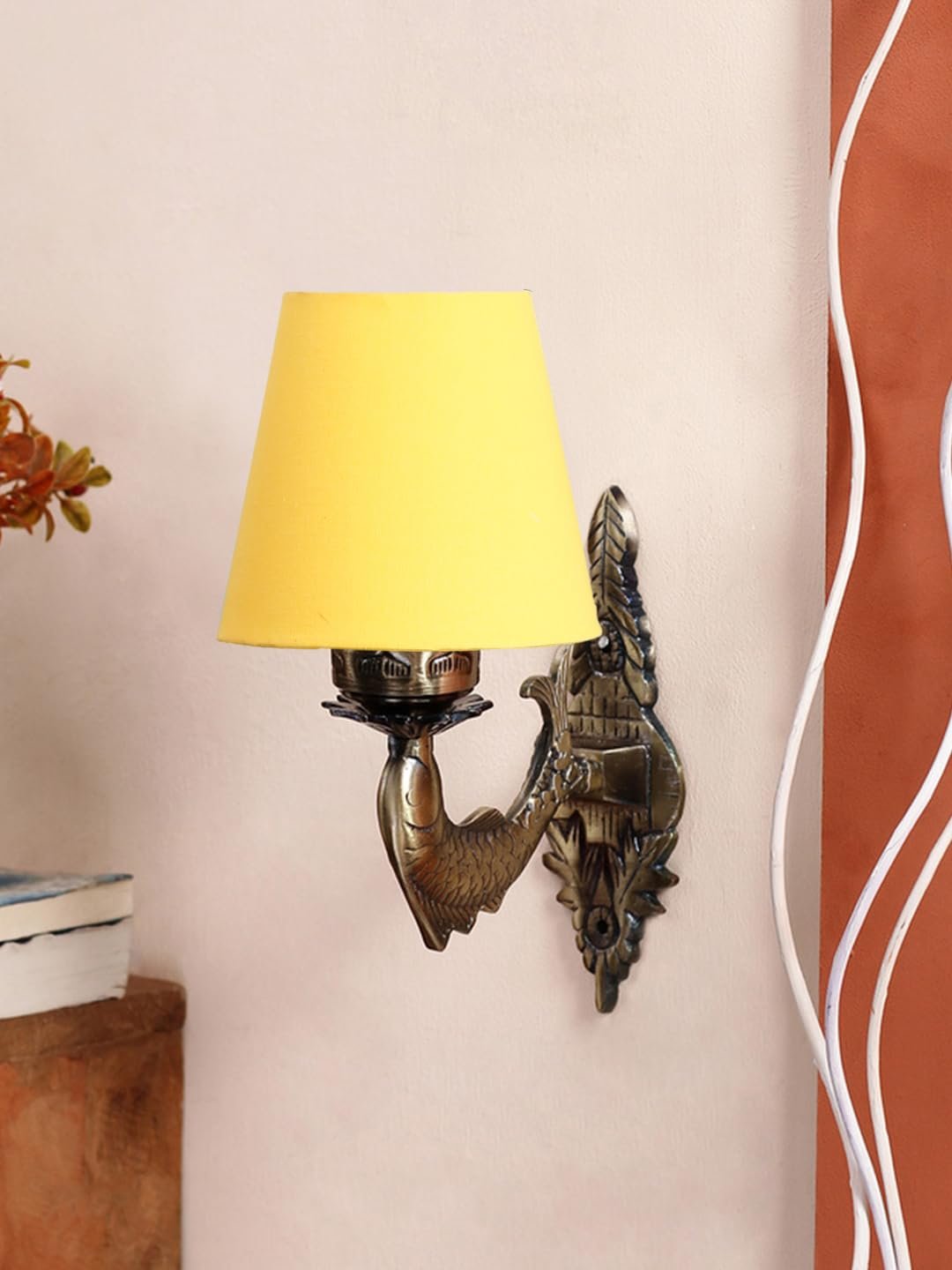 Antique Gold Fish Wall Lamp for Office/Home/Gifting with Cotton conical Yellow Shade(7x5.5x9.25) Inches