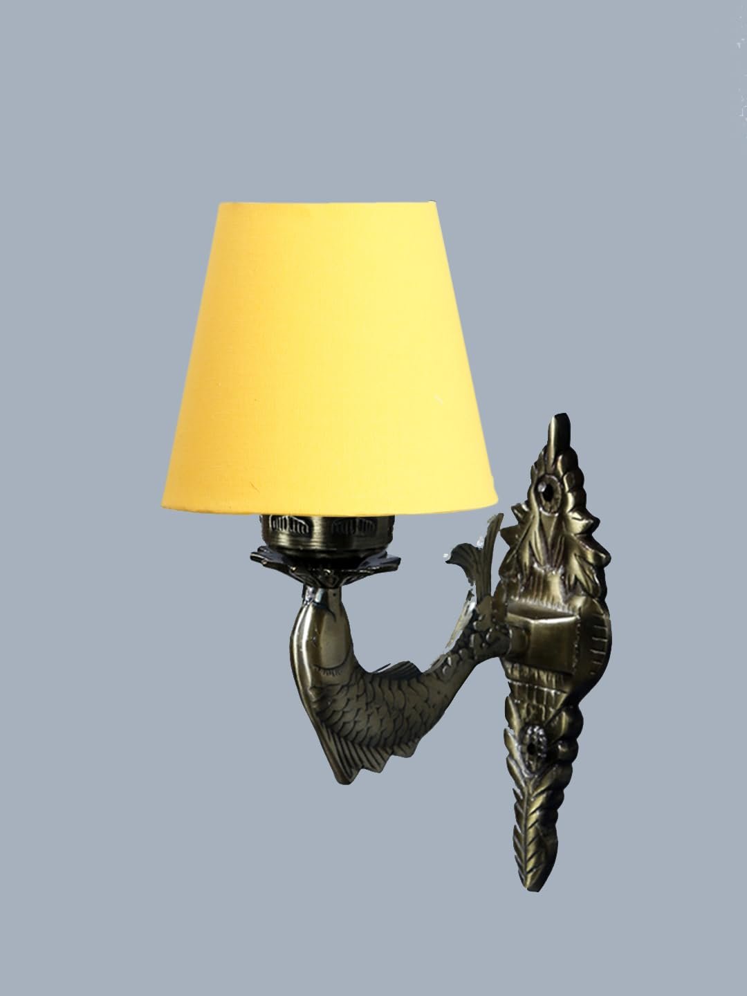 Antique Gold Fish Wall Lamp for Office/Home/Gifting with Cotton conical Yellow Shade(7x5.5x9.25) Inches