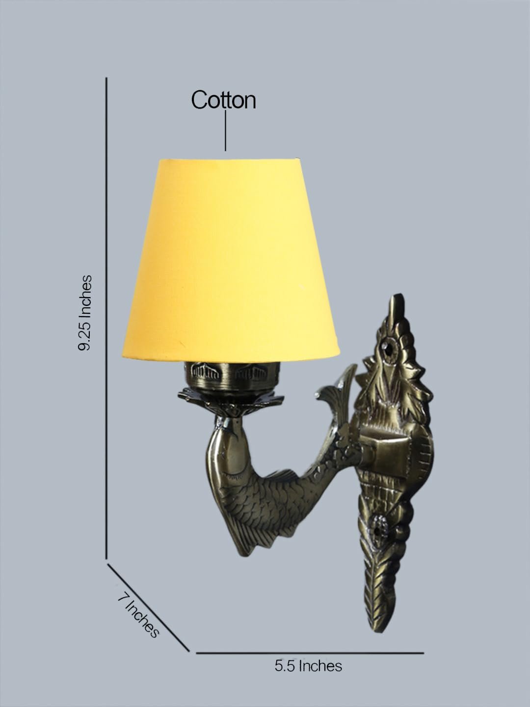 Antique Gold Fish Wall Lamp for Office/Home/Gifting with Cotton conical Yellow Shade(7x5.5x9.25) Inches