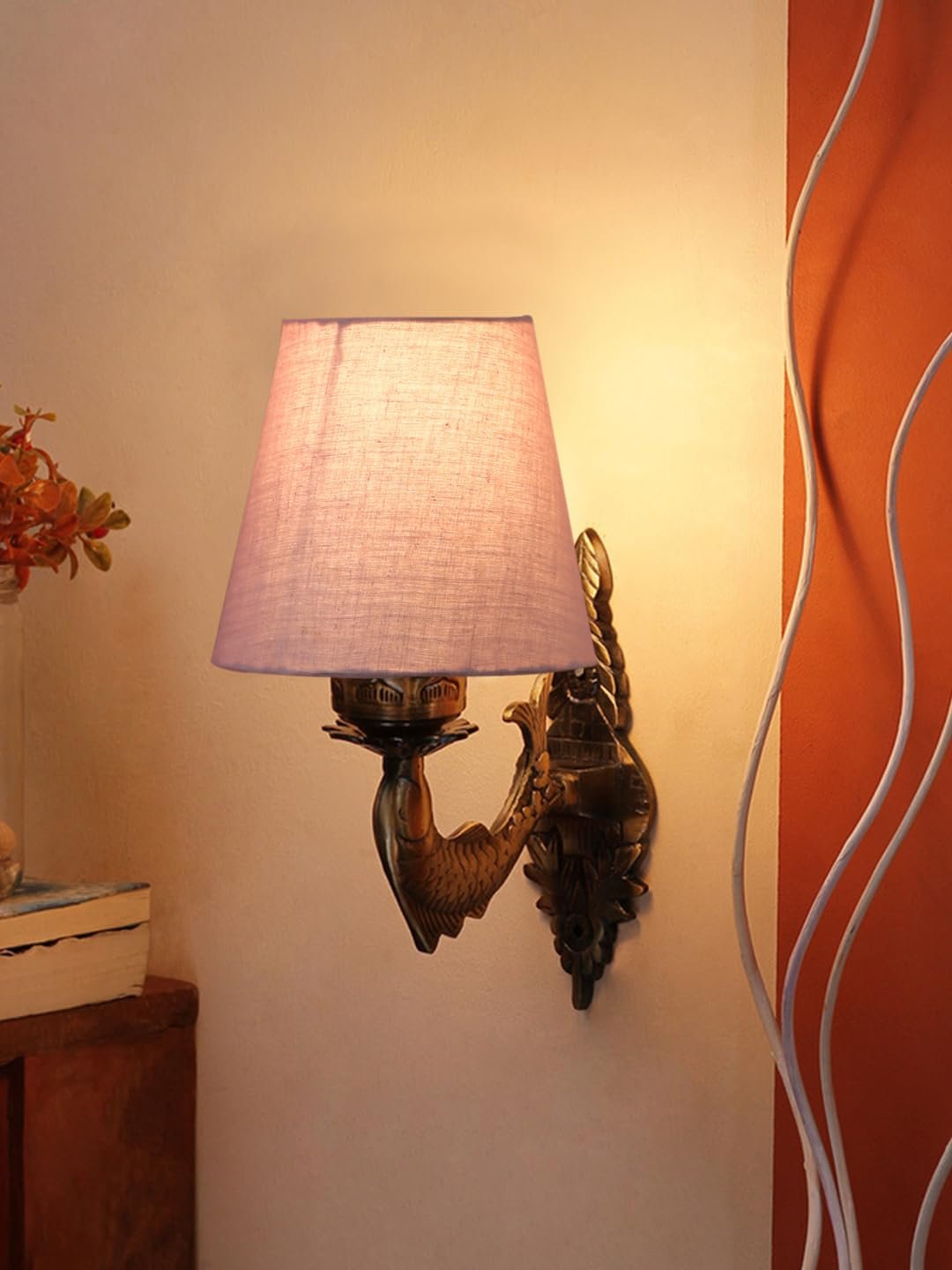 Antique Gold Fish Wall Lamp for Office/Home/Gifting with Cotton conical Grey Shade(7x5.5x9.25) Inches