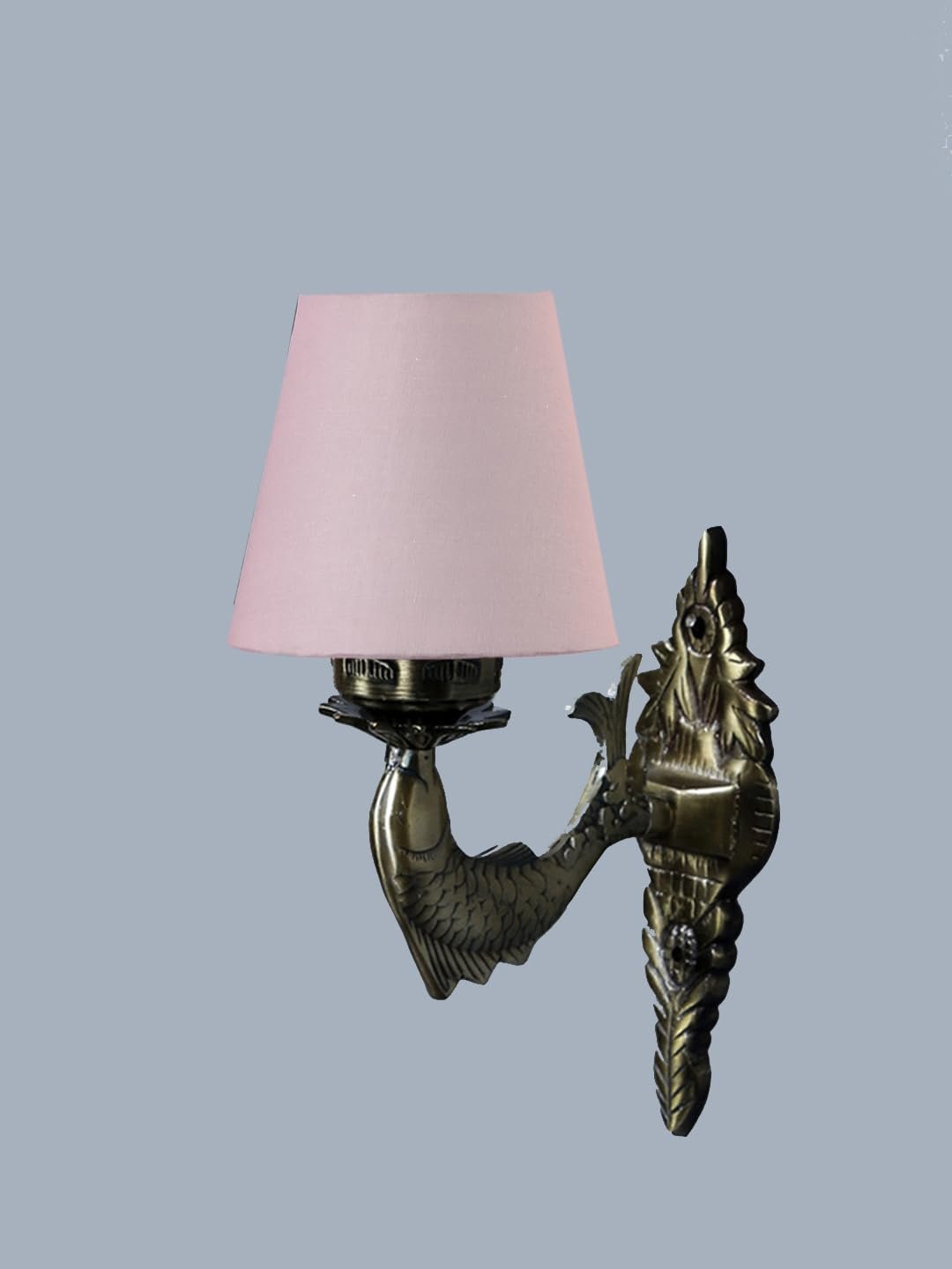Antique Gold Fish Wall Lamp for Office/Home/Gifting with Cotton conical Grey Shade(7x5.5x9.25) Inches