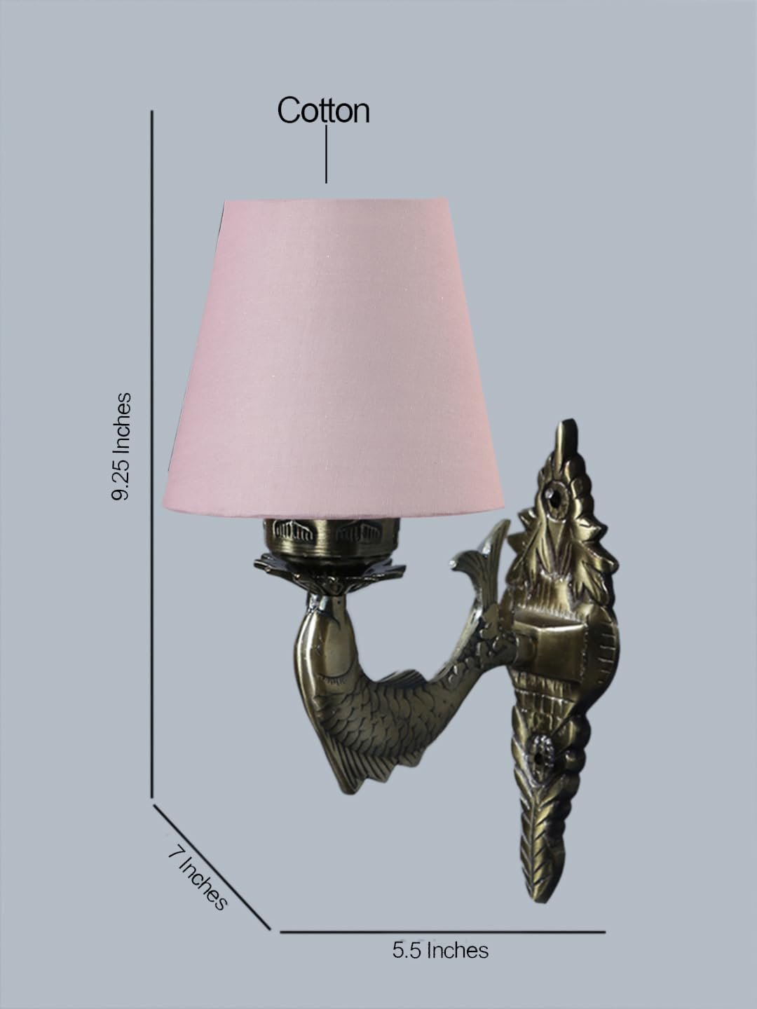 Antique Gold Fish Wall Lamp for Office/Home/Gifting with Cotton conical Grey Shade(7x5.5x9.25) Inches