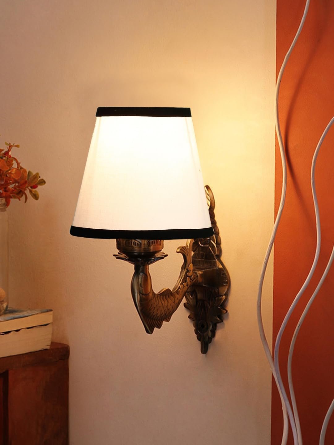 Antique Gold Fish Wall Lamp for Office/Home/Gifting with Cotton conical White & Black Shade(7x5.5x9.25) Inches -37
