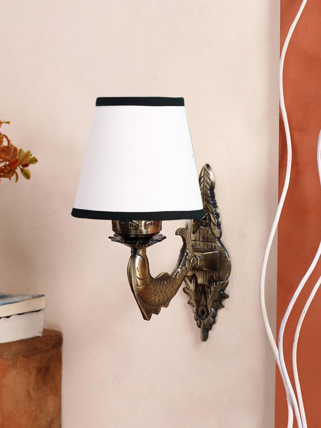 Antique Gold Fish Wall Lamp for Office/Home/Gifting with Cotton conical White & Black Shade(7x5.5x9.25) Inches -37
