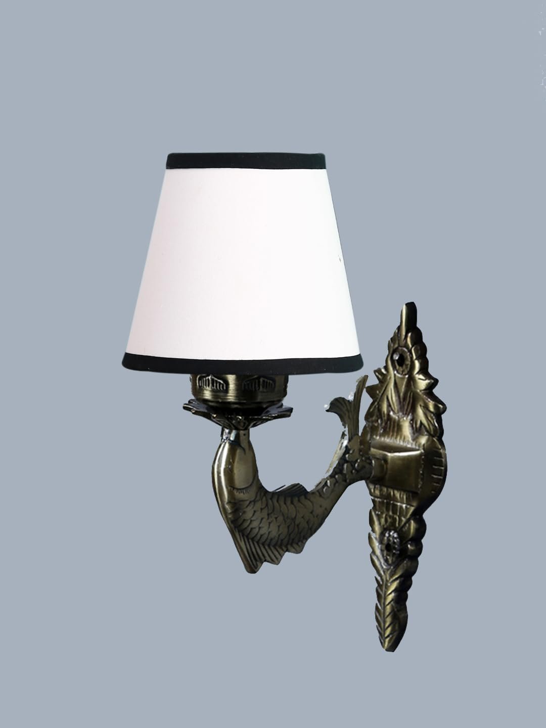 Antique Gold Fish Wall Lamp for Office/Home/Gifting with Cotton conical White & Black Shade(7x5.5x9.25) Inches -37