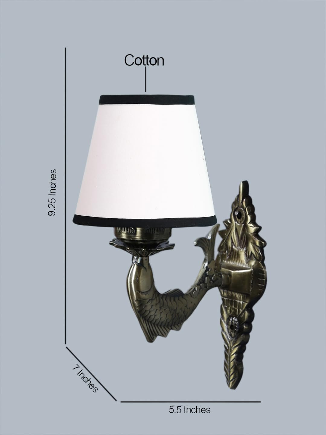 Antique Gold Fish Wall Lamp for Office/Home/Gifting with Cotton conical White & Black Shade(7x5.5x9.25) Inches -37