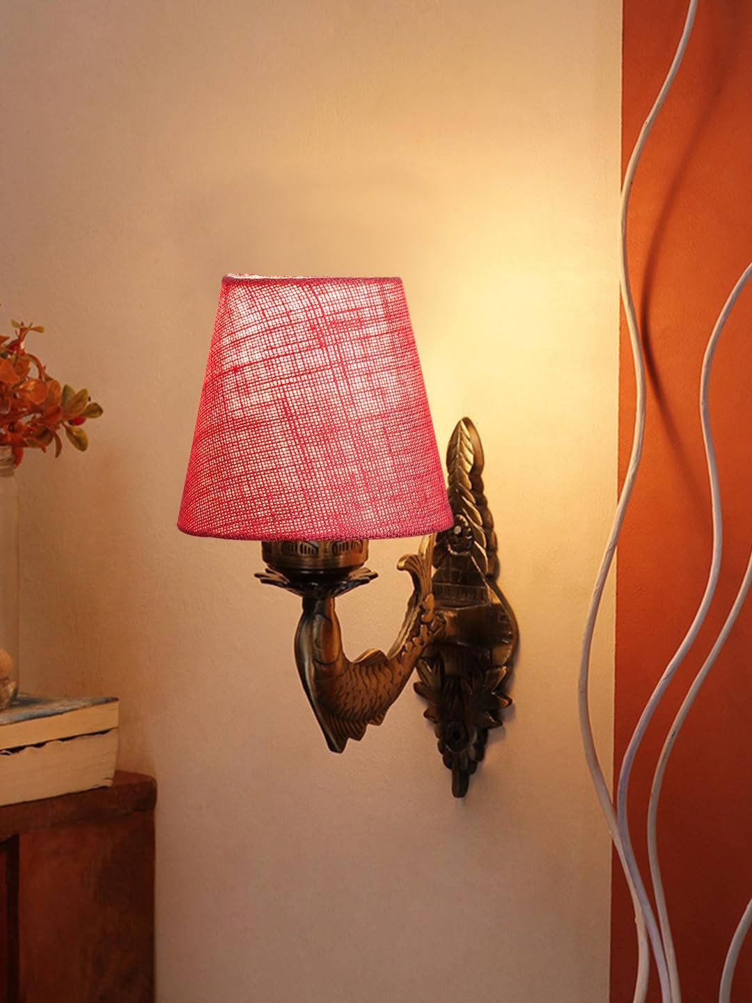 Antique Gold Fish Wall Lamp for Office/Home/Gifting with Jute conical Pink Shade(7x5.5x9.25) Inches -40