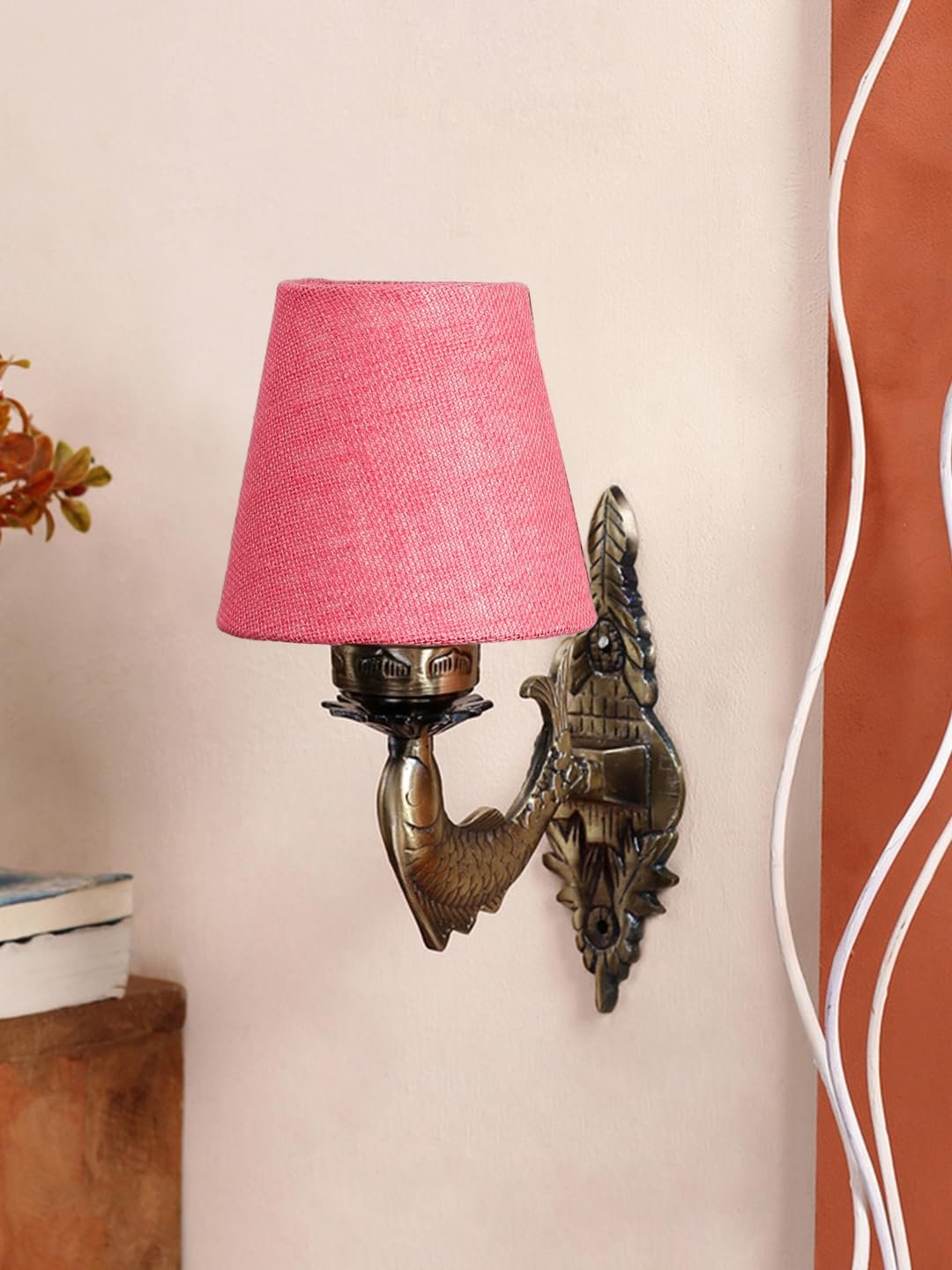 Antique Gold Fish Wall Lamp for Office/Home/Gifting with Jute conical Pink Shade(7x5.5x9.25) Inches -40