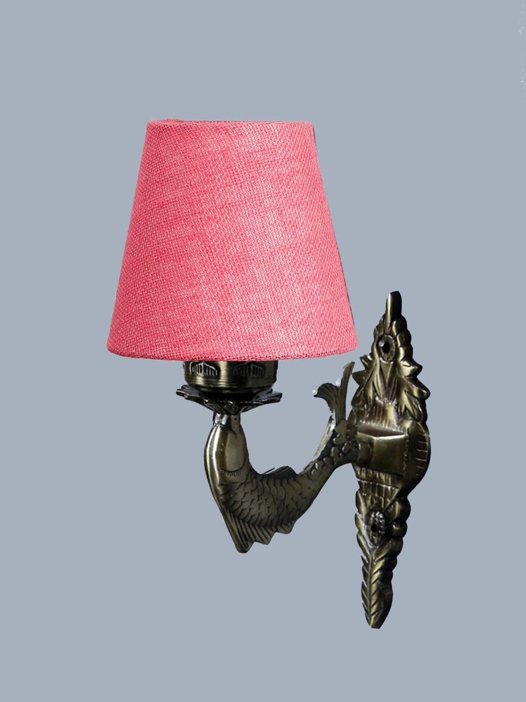 Antique Gold Fish Wall Lamp for Office/Home/Gifting with Jute conical Pink Shade(7x5.5x9.25) Inches -40