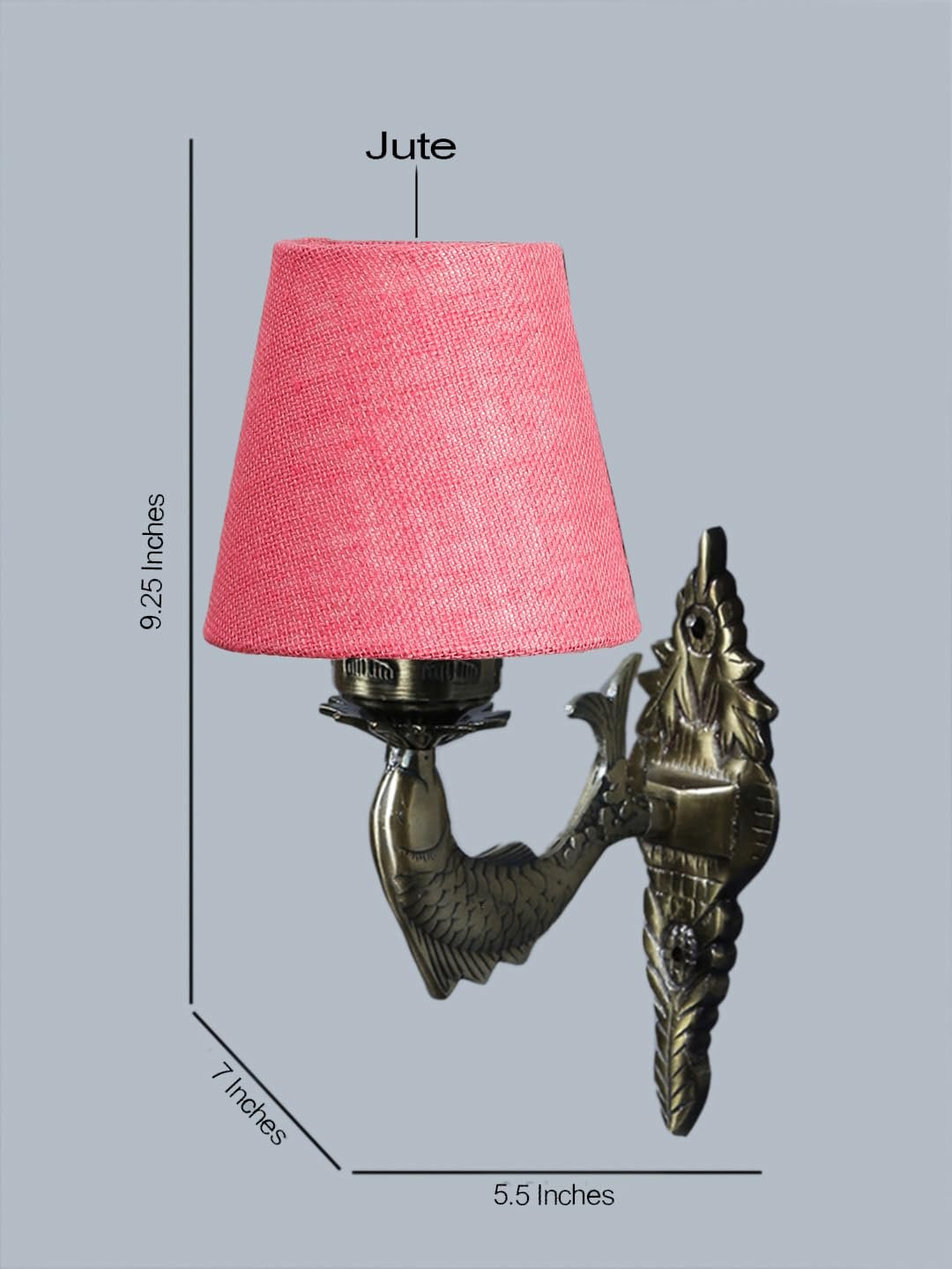 Antique Gold Fish Wall Lamp for Office/Home/Gifting with Jute conical Pink Shade(7x5.5x9.25) Inches -40