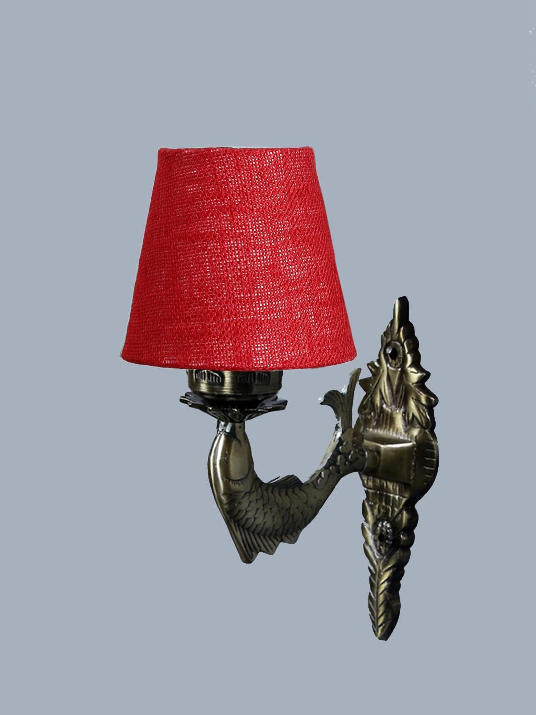 Antique Gold Fish Wall Lamp for Office/Home/Gifting with Jute conical Maroon Shade(7x5.5x9.25) Inches