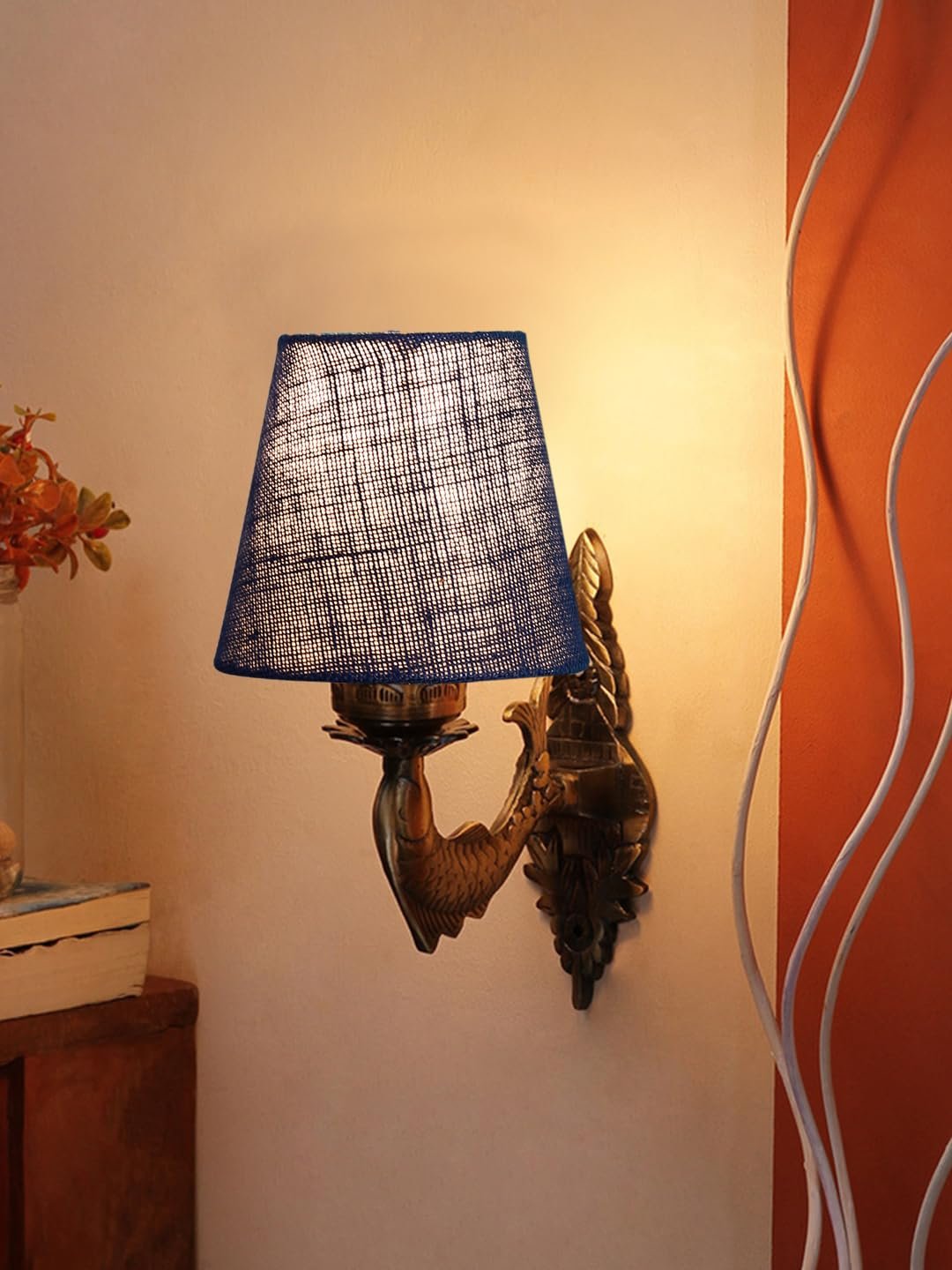 Antique Gold Fish Wall Lamp for Office/Home/Gifting with Jute conical Blue Shade(7x5.5x9.25) Inches -42