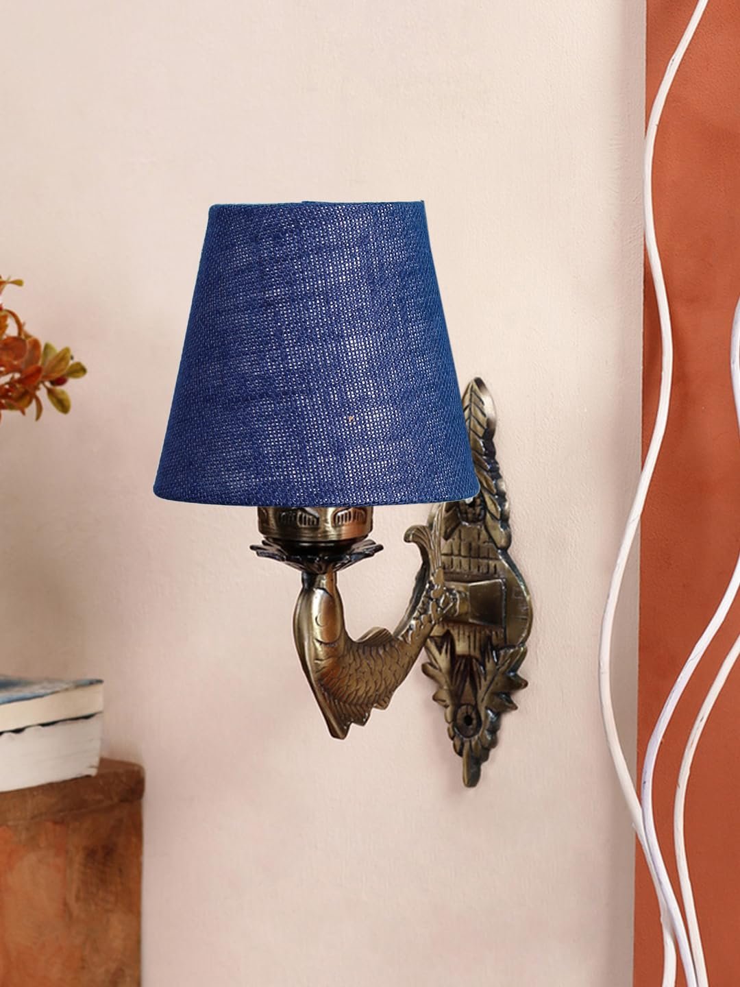 Antique Gold Fish Wall Lamp for Office/Home/Gifting with Jute conical Blue Shade(7x5.5x9.25) Inches -42