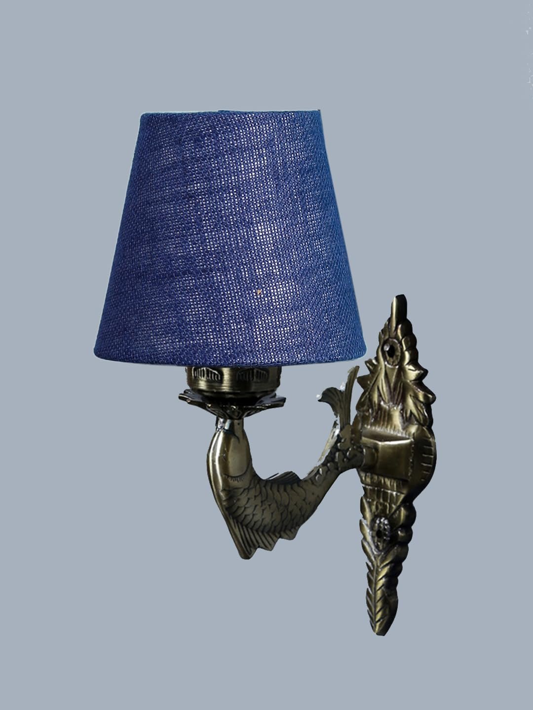 Antique Gold Fish Wall Lamp for Office/Home/Gifting with Jute conical Blue Shade(7x5.5x9.25) Inches -42