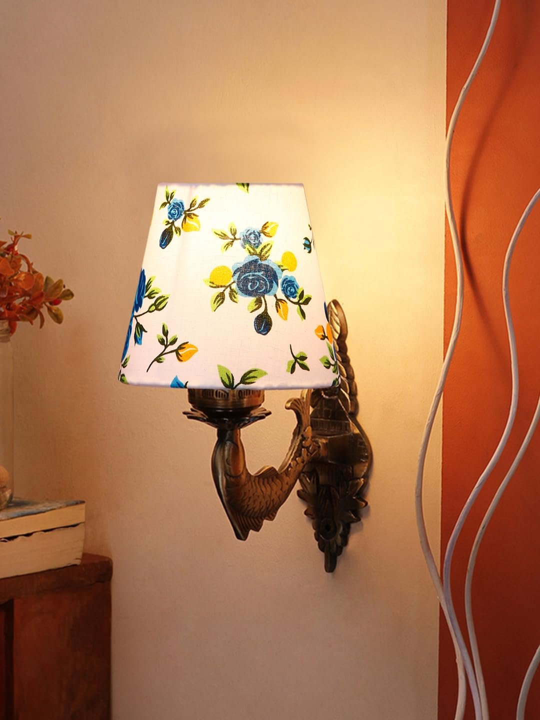 Antique Gold Fish Wall Lamp for Office/Home/Gifting with Cotton conical Printed Shade(7x5.5x9.25) Inches -43