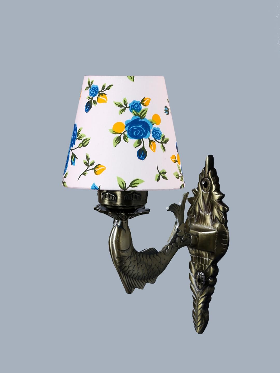 Antique Gold Fish Wall Lamp for Office/Home/Gifting with Cotton conical Printed Shade(7x5.5x9.25) Inches -43